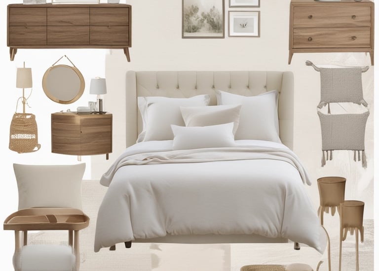 Serene bedroom featuring cream linens, light grey accents, and soft ambient lighting.