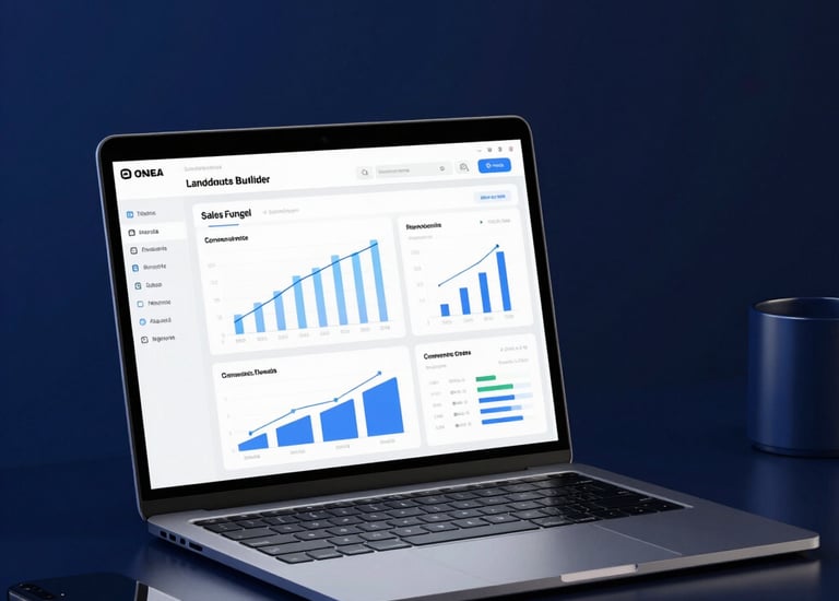 A silver laptop displaying a business analytics dashboard with sales funnel growth charts and data metrics.