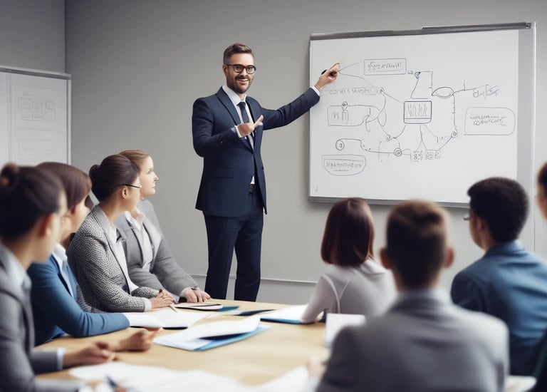 A collaborative team brainstorming session in an office.