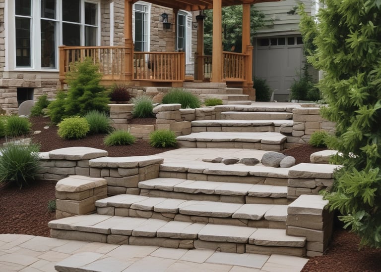 A neat driveway bordered by colorful landscaping and freshly laid mulch.