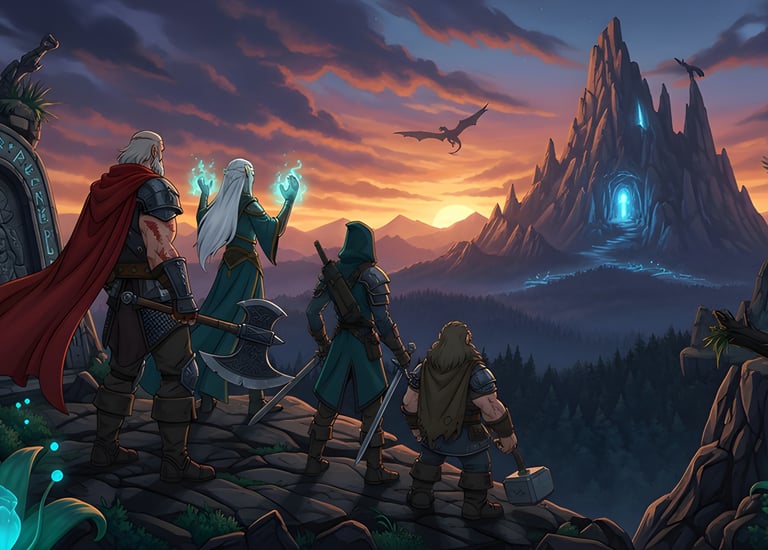 Fantasy adventurers overlooking a glowing mountain — Games series, cinematic soundscapes for RPG and