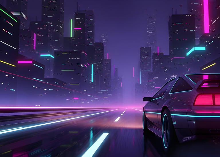 Retro car driving through neon city — Motion series, synthwave music for focus and energy.