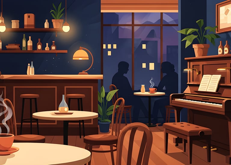 Cozy jazz café interior with piano — Places series, ambient backgrounds for relaxation.