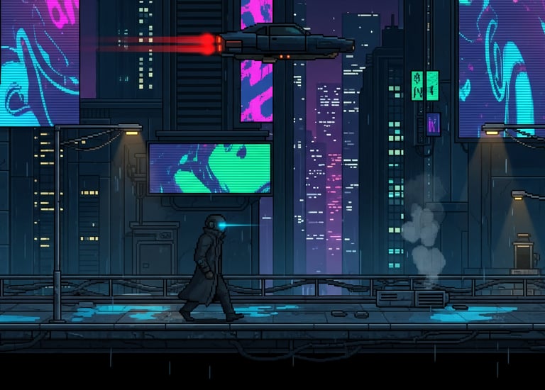 Pixel art city with neon lights — 8-Bit series, retro chiptune music for gaming and coding.