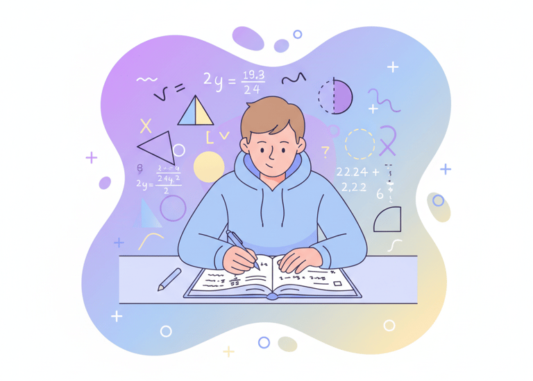  User Flat vector illustration of a student solving mathematics problems on a notebook with equation