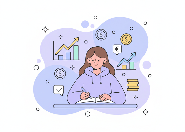Flat vector illustration of a student studying economics with charts, graphs, coins, and growth arro