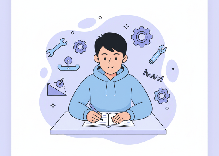 “Flat vector illustration of a student working on mechanical engineering notes with gears, tools, an