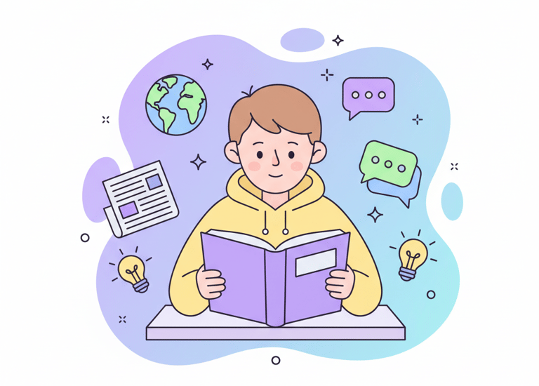 “Flat vector illustration of a student reading about current affairs and general awareness with glob