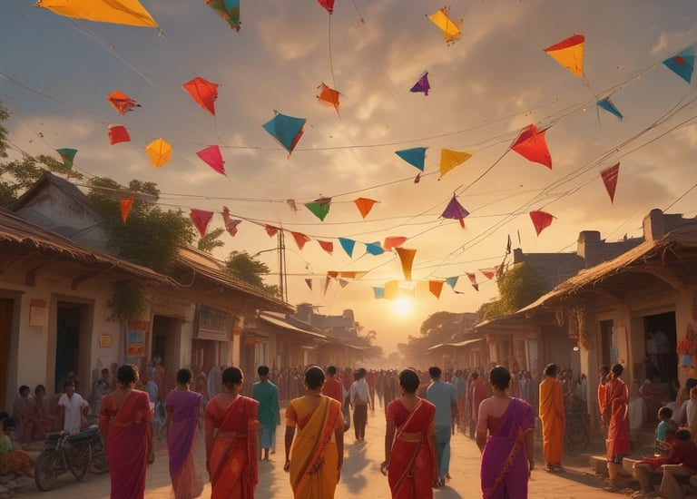 A colorful depiction of families in traditional attire celebrating Sankranthi with kites, sweets, and decorations in the Serenity apartment community.