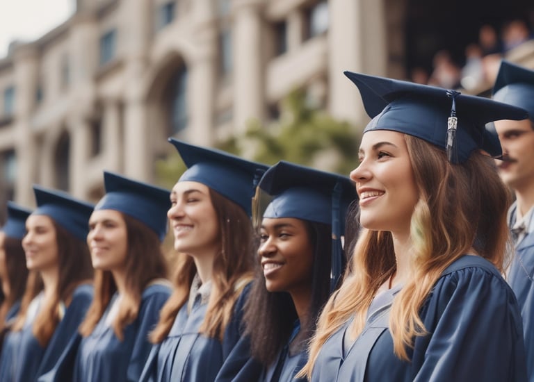 A group of people in graduation gowns standing in front of a crowd