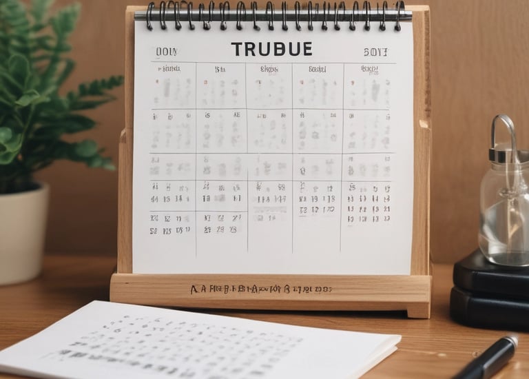a desk calendar sitting on top of a wooden table