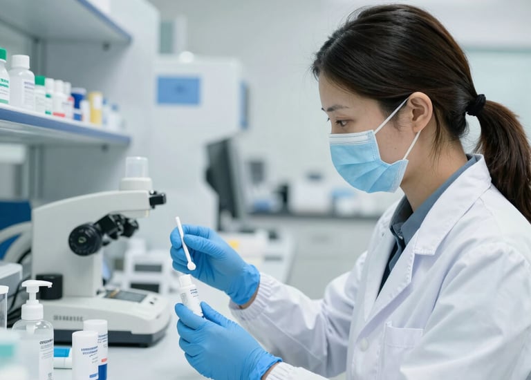Quality control specialist examining dental instruments.