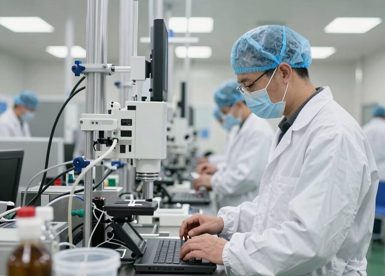 Engineers collaborating over dental device prototypes.