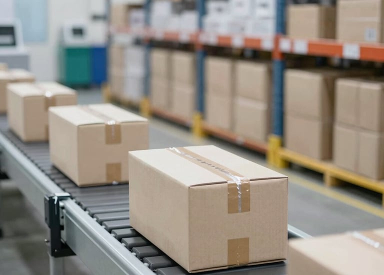 Boxes of dental products ready for shipment.