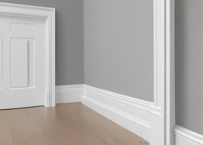 Close-up of a painter’s brush applying crisp white paint on navy blue trim.