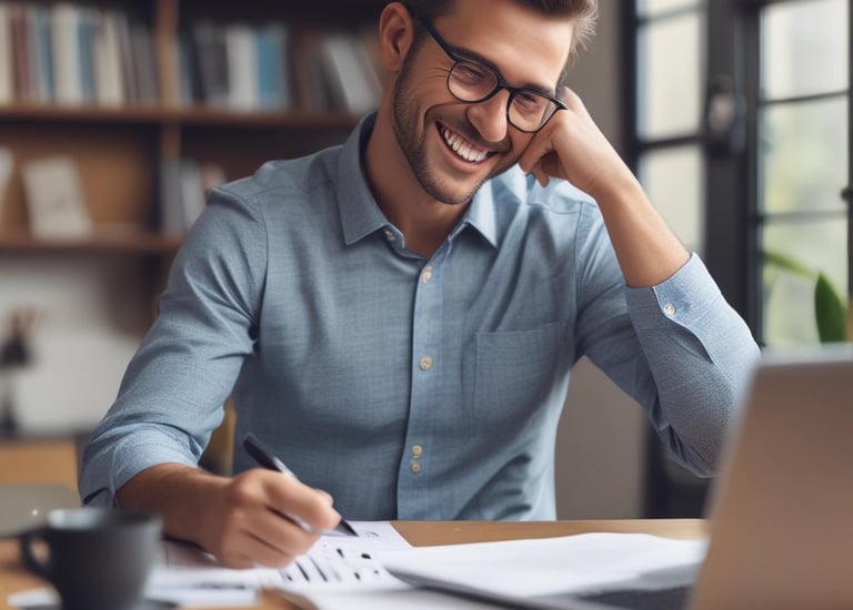 Smiling client discussing paperwork with a bilingual advisor.