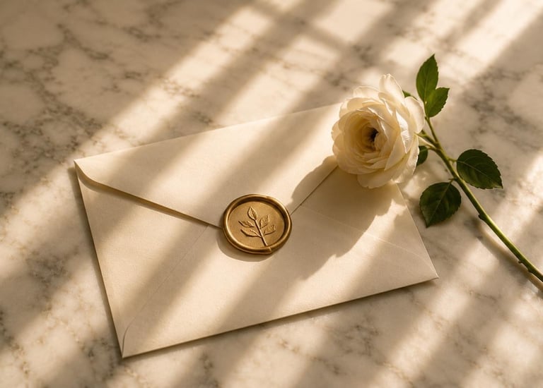 Sealed envelope with gold wax stamp and white rose bespoke experience design couples Dubai