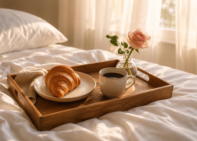Luxury breakfast tray in bed with croissant full day experience design couples