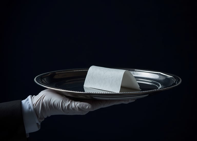 White gloved hand holding silver tray with note luxury concierge butler service Milestone Creator
