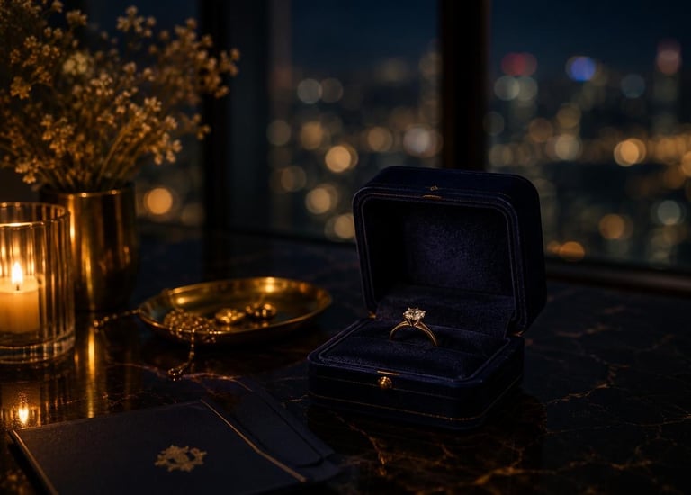 Diamond engagement ring in velvet box at night proposal planning Dubai