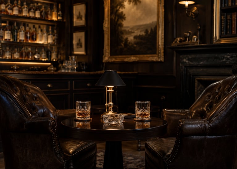 Dark intimate luxury bar interior with crystal glasses friend gathering experience Dubai