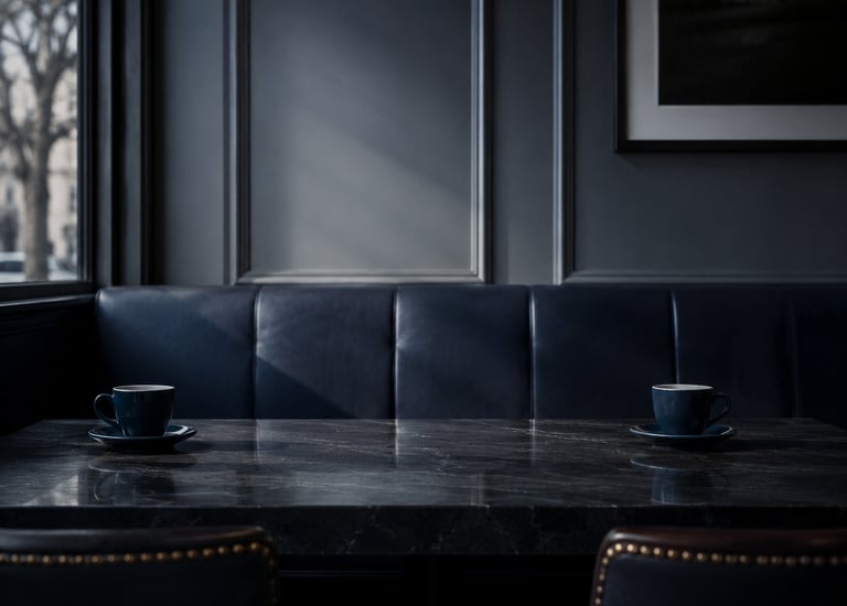 Empty intimate restaurant booth with coffee cups drifting apart reconnection experience Dubai