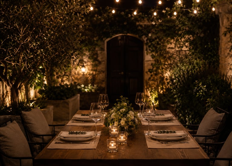 Candlelit outdoor garden dinner table set for multiple guests luxury double date experience