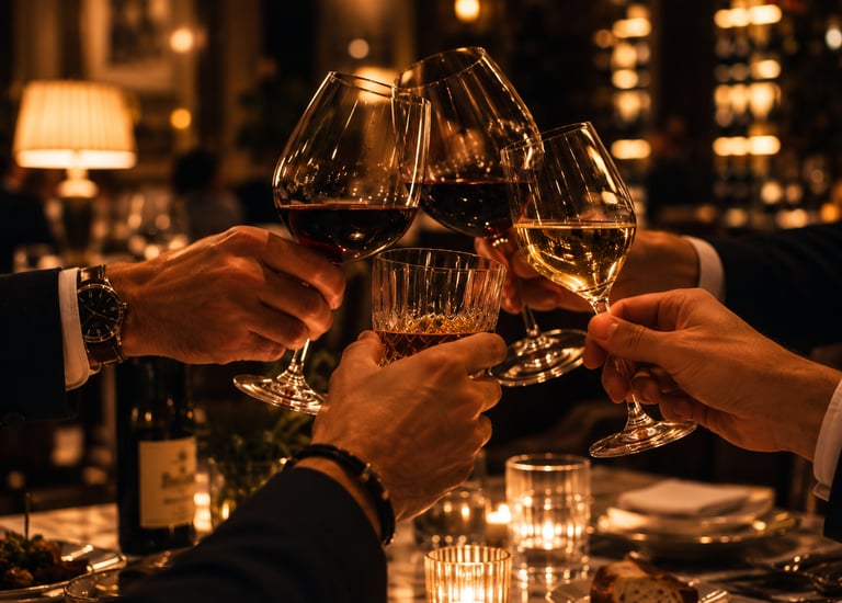 Four wine glasses toasting at candlelit dinner luxury friend event experience Milestone Creator