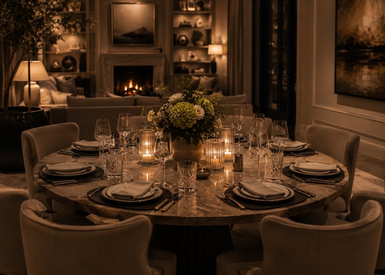 Elegant round dining table set for family celebration with candles and flowers luxury event Dubai