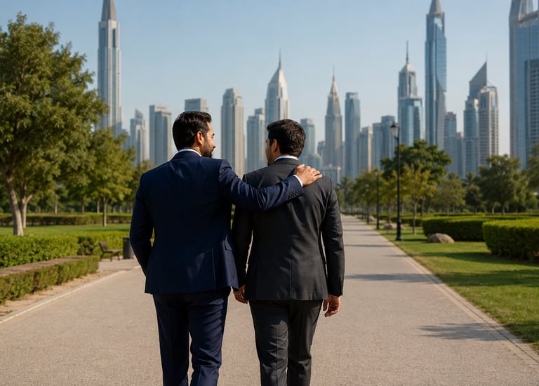 Two men walking together with Dubai skyline corporate client experience Milestone Creator