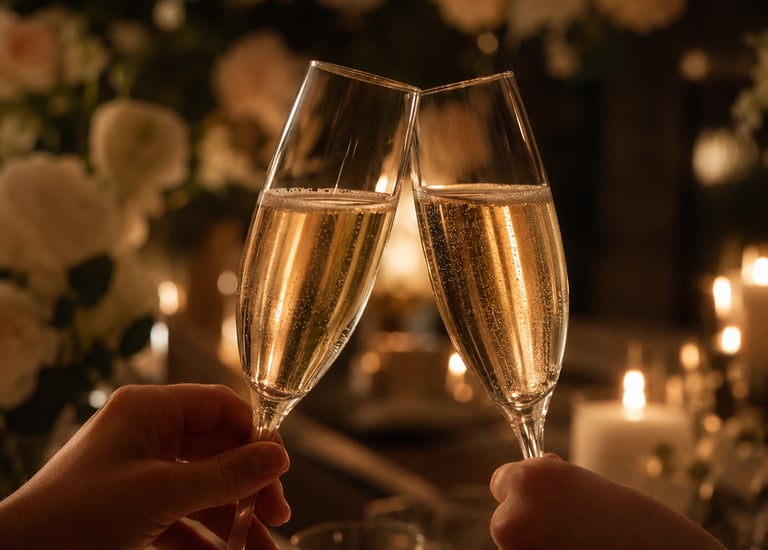 Two champagne glasses toasting at candlelit dinner luxury anniversary experience couples Dubai