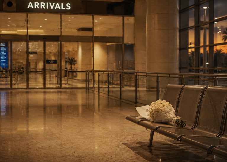 Empty airport arrivals hall with white flower bouquet long distance reunion experience design
