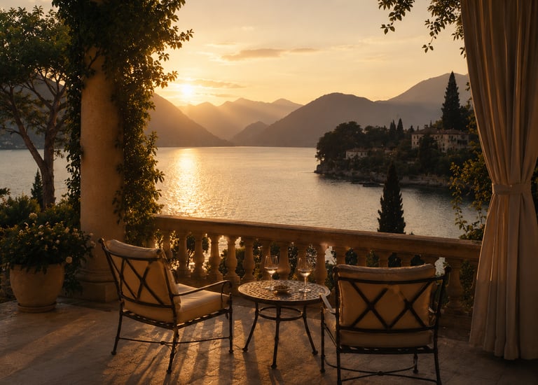 Private terrace overlooking lake at golden hour luxury long weekend experience couples Italy