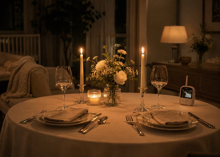 Intimate candlelit dinner table with baby monitor after baby couples experience Milestone Creator