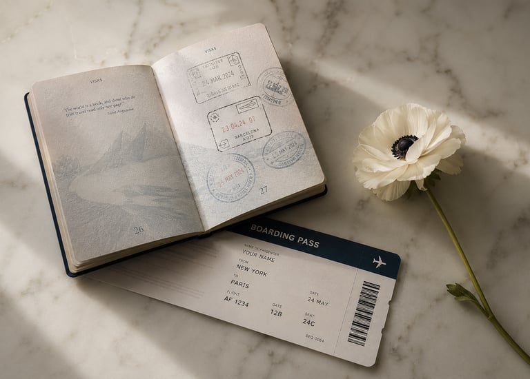 Open passport with boarding pass and white flower luxury big trip experience design couples