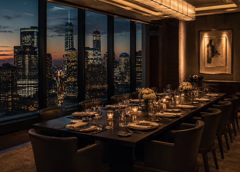 Long private dining table set for group with city skyline luxury high school reunion event planning