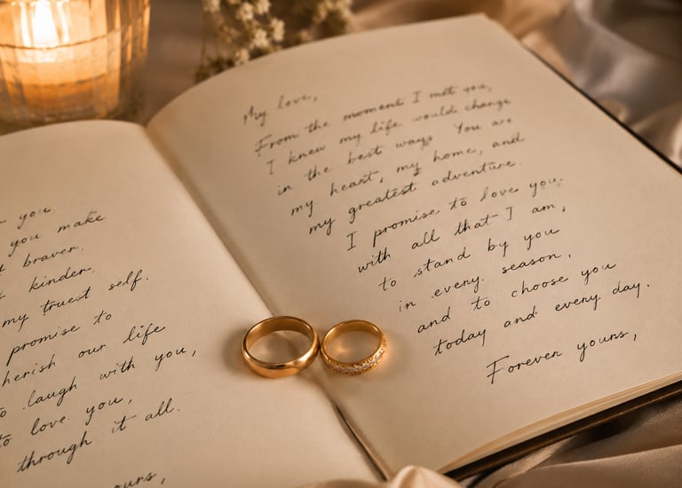 Handwritten wedding vows with two gold rings vow renewal experience design Milestone Creator