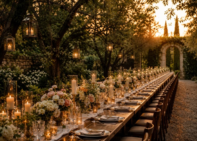 Long outdoor garden dinner table with lanterns and flowers at golden hour large celebration event 