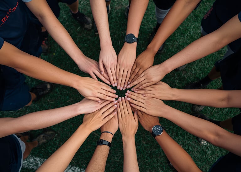 Group of hands joined together in circle team gathering friend event experience Milestone Creator