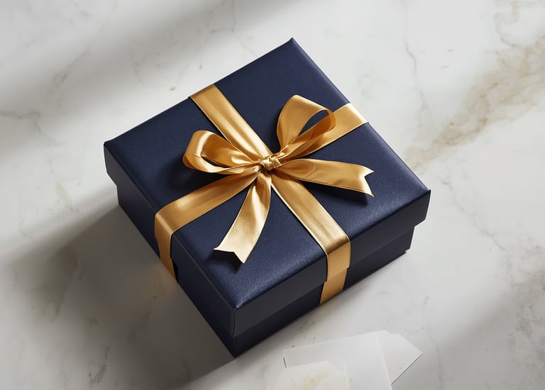 Luxury navy gift box with gold ribbon on marble gift adviser bespoke gift sourcing Milestone Creator