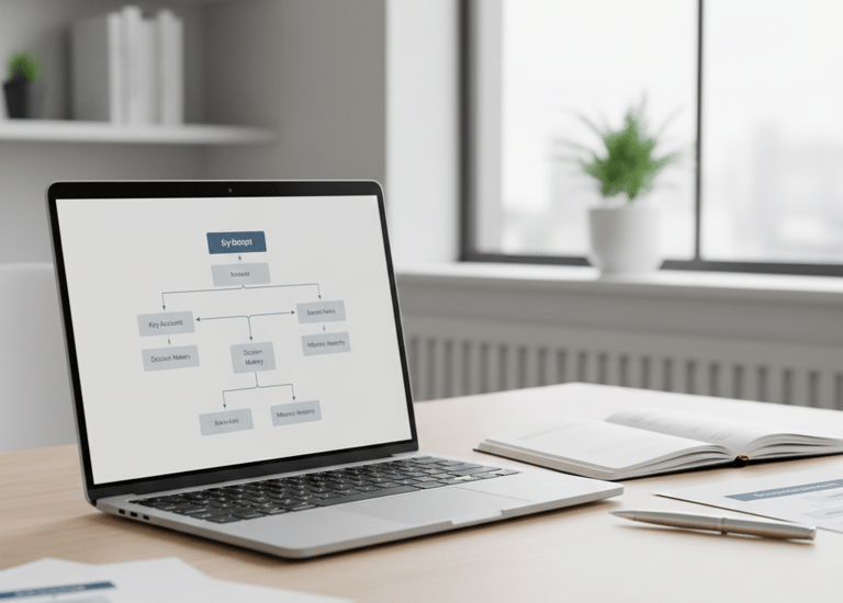 Ordinateur affichant un schéma de mapping stratégique sur un bureau de travail