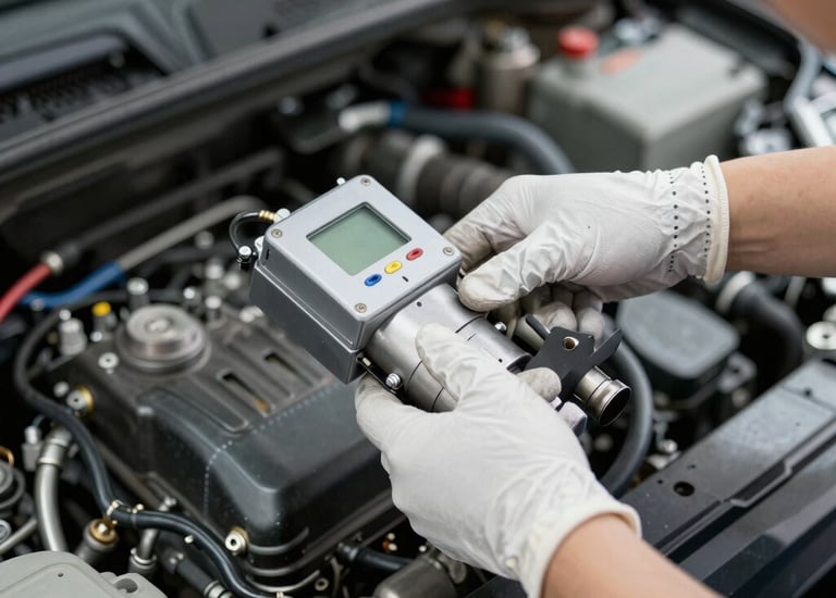 Mechanic inspecting the cooling system of a sleek black BMW in a clean garage.