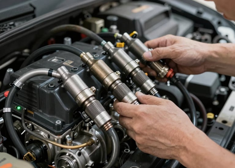 Close-up of a high-end car engine being carefully repaired by a mechanic in a modern workshop.