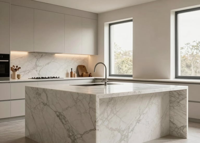 A polished marble countertop installed in a modern kitchen with natural light highlighting its veining.