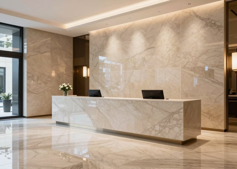 Granite facade panels on a commercial building reflecting the city skyline.