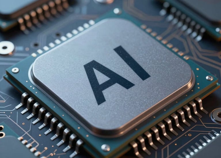 Close-up of a custom AI chip embedded on a circuit board glowing softly in orange.