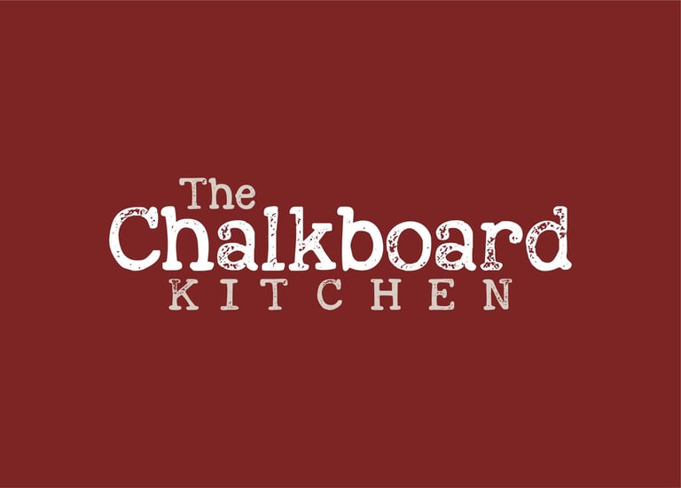 Text logo of "The Chalkboard Kitchen" on a red background.