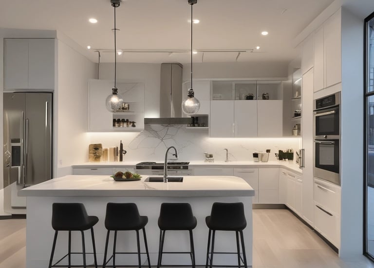 a kitchen with a large island and a bar stool