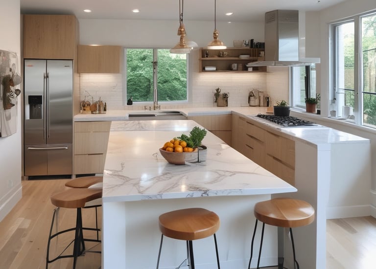 a kitchen with a bowl of fruit on the counter