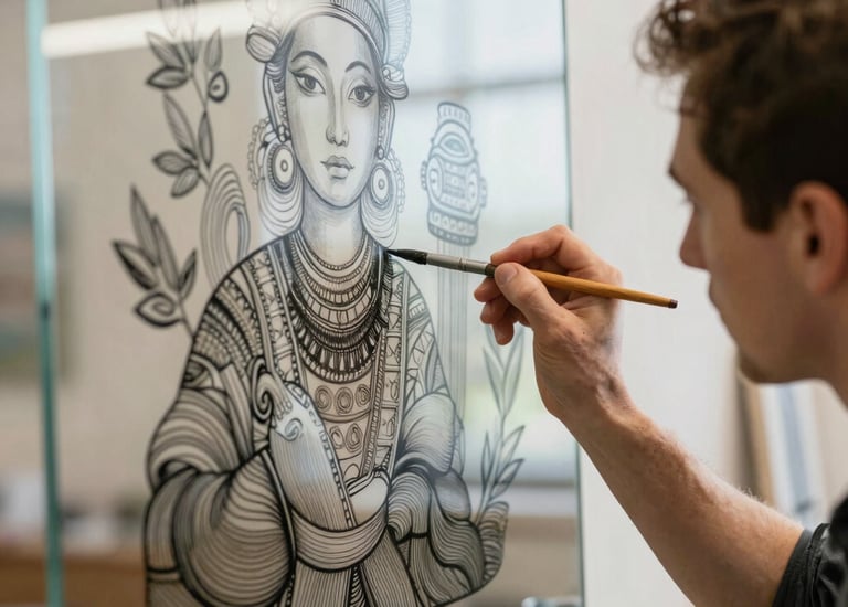 An artist carefully painting a detailed design on a glass panel.